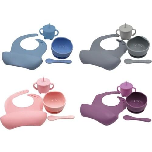 4 Pcs Baby Silicone Bibs Sucker Bowl Spoon Straw Cup Set Training Feeding Food Utensil Dishes Tableware Kit for Newborn