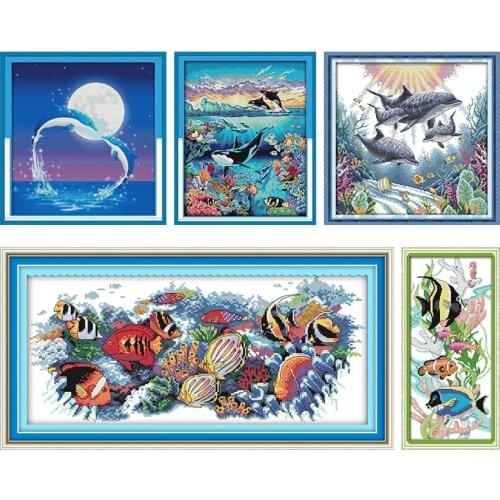 Tropical Fish Dolphin Stamped Embroidery Cross Stitch Kit Printed 11CT 14CT Counted Fabric Needlework Decor Thread Canvas Crafts