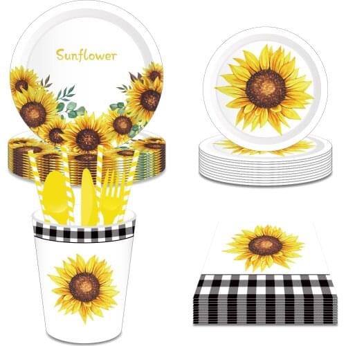 White Summer Sunflowers Theme Party Disposable Tableware Sets Plates Cups Napkins for Kids Baby Shower Birthday Party Decors