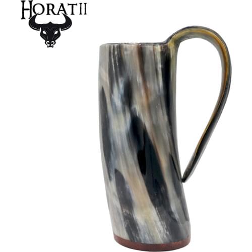 Hand-Made Ox Buffalo Horn Mug Viking Drinking Mugs Beer Drinking Horn Mug with Redwood Bottom