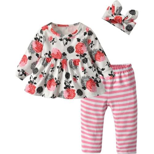0-24months Baby Girl Clothing Sets Floral Long Sleeve Tops And Striped Legging Pants Plus Headband Fall Outfits For Little Girls
