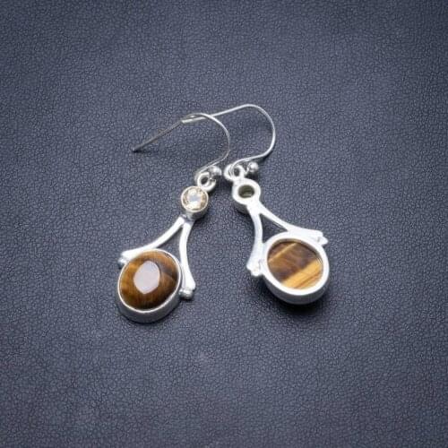 Natural Tiger Eye and Citrine Handmade Unique 925 Sterling Silver Earrings 1.5" Y3806