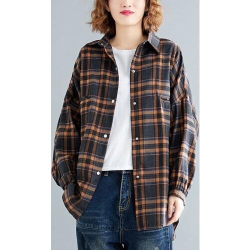 Spring Plaid Shirts Coats Plus size Womens Clothing Casual Loose Plaid Shirt Jacket Female Korean Wild Shirts Tops Long Blouses