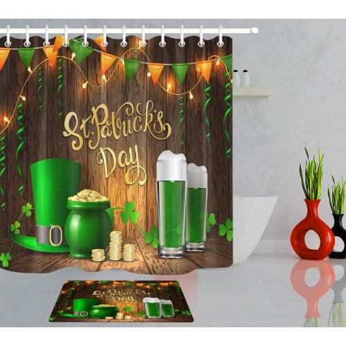 St. Patricks Day Irish Shower Curtain Lucky Shamrock Clover Hat beer Gold Coins Waterproof Bathroom Curtain Set with Hooks Mat