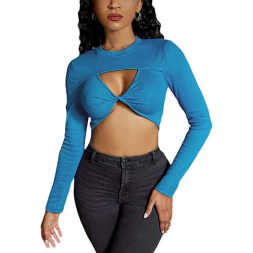 2021 Womens Twist Front Cutout T-Shirts Long Sleeve Round Neck Solid Color Ribbed Crop Tops