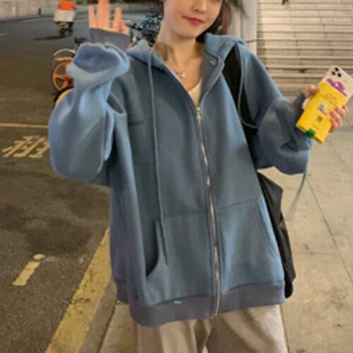 Hooded Sweatshirt Lady zip-up Women Korean Style hoodies Vintage Solid Color Long Sleeve Women Casual Large Coats