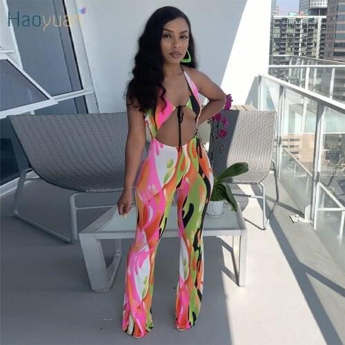 HAOYUAN Tie Dye Backless Jumpsuit Off Shoulder Cut Out Birthday Clothes for Women Sexy Bandage Bodycon One Piece Club Outfits