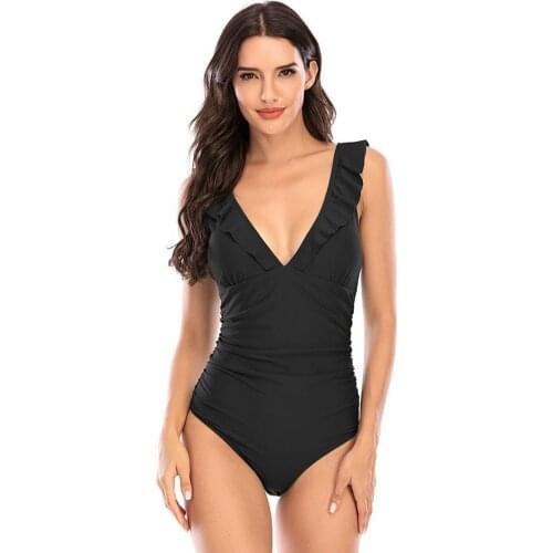 Sexy Cutout Leopard Womens Swimsuit One-Pieces Solid Ruffled Lace Up S-XXL Monokini Beach Pool Summer 2021 Girl Bathing Suit