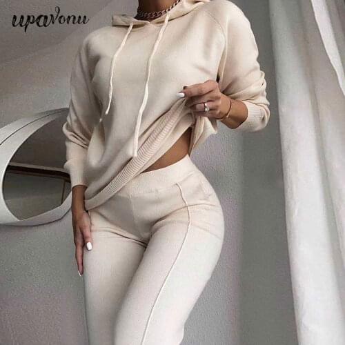 Free Shipping 2021 New Hoodie Knitted Sweater Set Womens Casual Long Sleeve Hooded Collar Sweater & Knitted Pants Two Piece Set