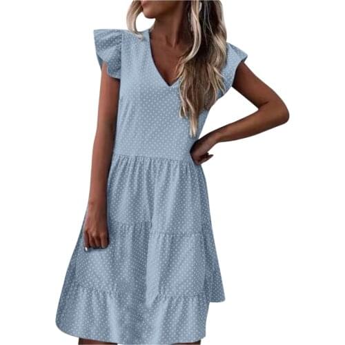Womens Ruffles Dress 2021 Summer Casual Print Dress Wave Point Beach Dresses Loose Patchwork V-neck Mini Dress Платье Летнее