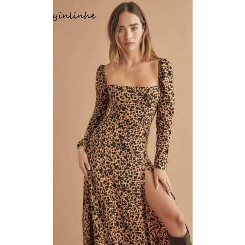 Yinlinhe Leopard Print Dress Women High Split Autumn Spring Dress Long Sleeve Elastic Slim Vintage Long Party Dress french 1963