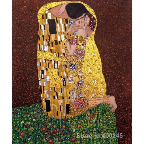 Golden Oil Paintings by Gustav Klimt The Kiss Full View Reproductions Romantic bedroom art Hand painted High quality