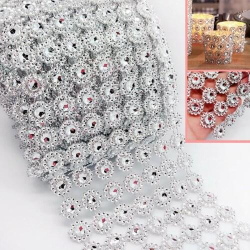 1Yard Silver Sunflower Rhinestone Crystal Ribbon Faux Diamond Ribbon Acrylic Flower Mesh Wrap Tape for Wedding Party Decorations