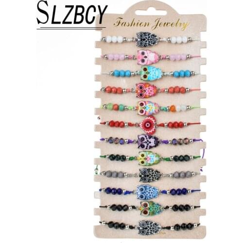 12 pcs/set Enamel Owl Charm Bracelets Set For Women Handmade Adjustable Rope Crystal Bead Strand Bracelet Fashion Jewelry Gifts