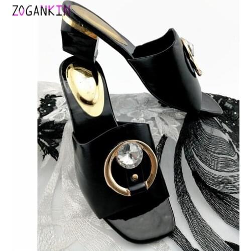 2019 New Arrivals Nigerian Style Pu Leather African Women Shoes with Shinning Crystal Italian Comfortable Heels for Party