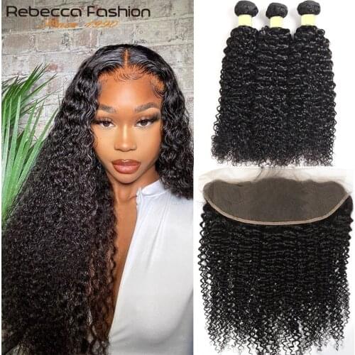Rebecca Curly 3 Hair Bundles With Closure Human Hair Transparent HD Lace Frontal With Bundles Brazilian Hair Weave Bundles