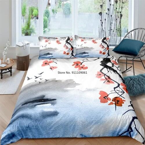 Chinese Mountain Ink Painting Flower Duvet Cover Set Cherry Blossoms Bedding Set with Pillowcase 2/3pcs Quilt Cover Bedclothe