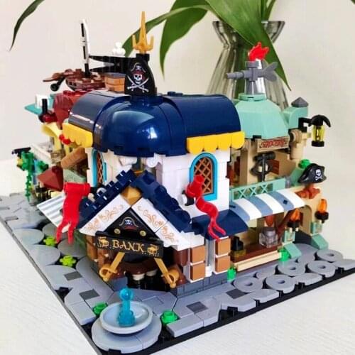 SEMBO Block Street View Series Pirate Bakery Pirate Island Architecture Building Block Brick Bank Modle Hostel Grocery Store Toy