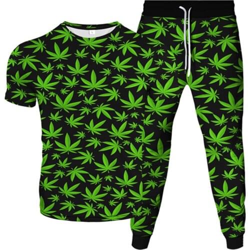 Men Women Fashion Tracksuits Fresh Green Leaves Leaf Weed 3D Print Clothes Suit Male T-Shirt+Trousers 2pcs Sets Plus Size S-6XL
