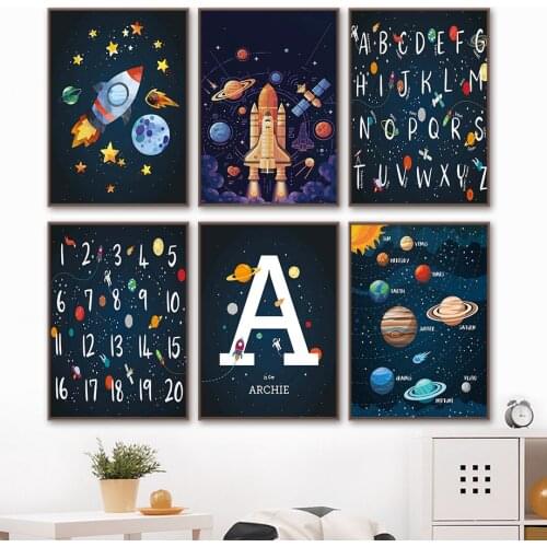 Planet Rocket Spaceship Number Letter Nursery Wall Art Canvas Painting Nordic Posters And Prints Wall Pictures Kids Room Decor