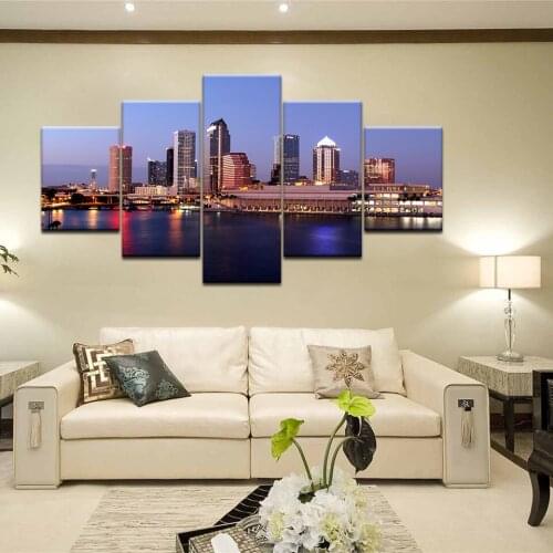 Wall Art Canvas HD Print Pictures 5 Panel City Building And Bridge Neon Lights Night Scene River view Painting Living Room Decor