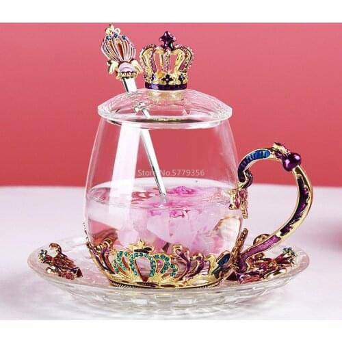 New Enamel Crystal Glass Cup Mug with Spoon Home High-temperature Resistance Drinkware Flower Tea Coffee Cup Gift Teacups