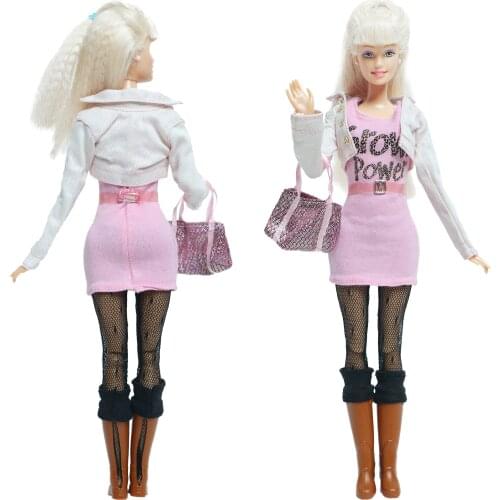 One Set Pink Dress Coat Belt Stockings Handbag Shoes Clothes for Barbie Doll Accessories Baby Girl Daily Casual Wear DIY Toys