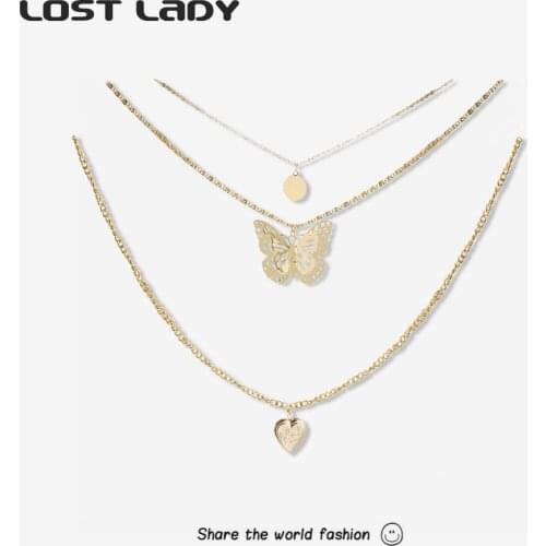 Lost Lady New Fashion Butterfly Heart Pendant Necklace For Women Multilayer Alloy Necklace Wholesale Jewelry Party Wedding Gifts