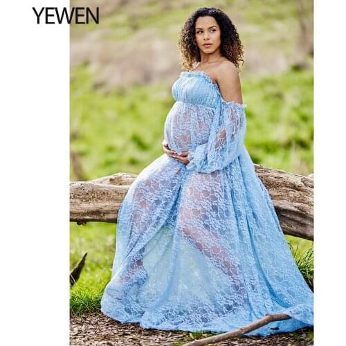 Stretch Lace Maternity Dress Woman Long Sleeves Off Shoulder Maxi Woman Dress for Photo Shoot Photography Dress YEWEN 2021