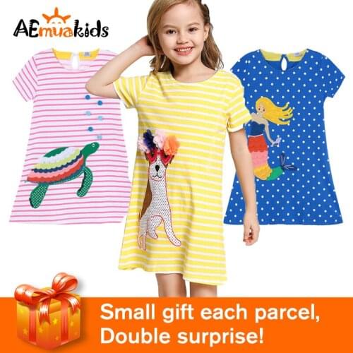 Appliques Cartoon Dress for girls A-line Tshirt Child Summer Cotton Clothes Turtles Dogs Ariel Design Cute Dress ZL