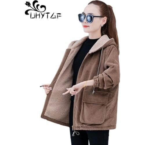 UHYTGF Womens Autumn Winter Jacket Corduroy Plus Velvet Warm Short Tops Fashion Pocket Hooded Large Size Parker Outerwear 1377