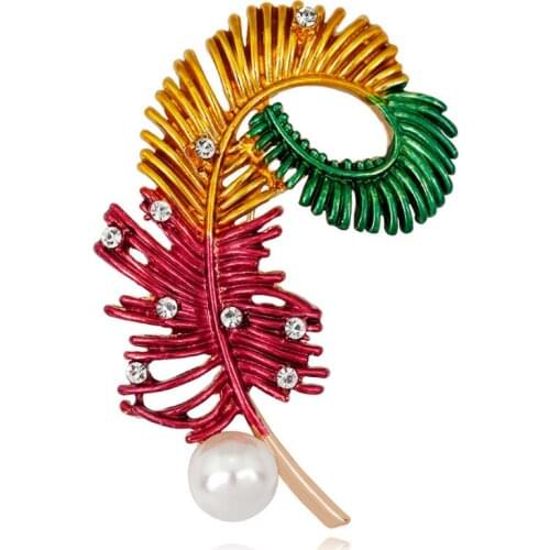 Zlxgirl jewelry Colorful Enamel feather brooches bouquet fashion womens kids Christmas gifts Imitation pearl hijab hats bijoux