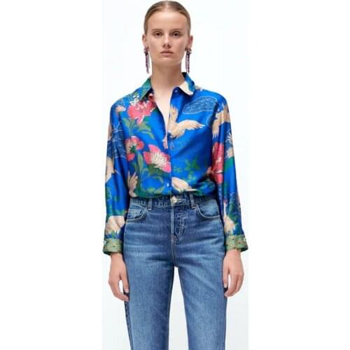ZA 2021 Blue Flower Print Shirt Women Long Sleeve Loose Vintage Shirts Fashion Button Up Feminine Elegant Autumn Blouse Top