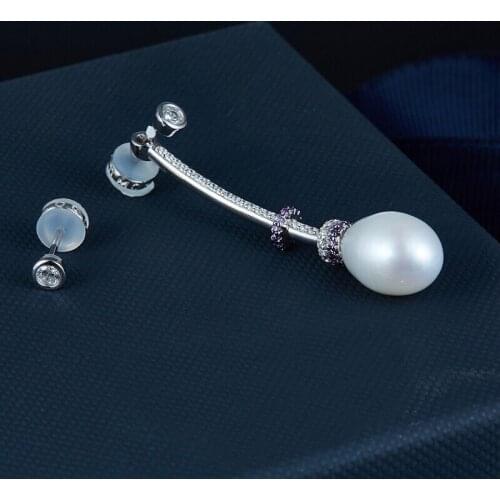 SOELLE Fashion 925 Sterling Silver Asymmetric White Natural Freshwater Pearls Earrings with Purple Zircon Stones Women Jewelry