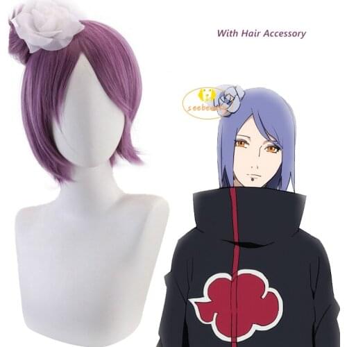 Anime Boruto Konan Cosplay Wig Women Purple Wig Heat Resistant Hair Wig Cap Flower Hair Accessory Halloween Party Women Wig