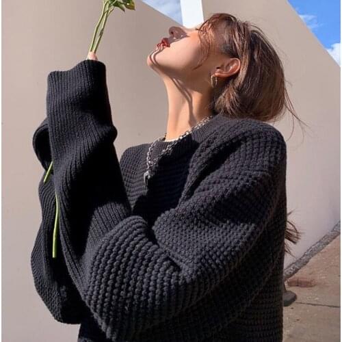 Korea Harajuku solid color knit oversize O-neck long sleeve loose women Clothes streetwear Winter fashion casual Vintage sweater