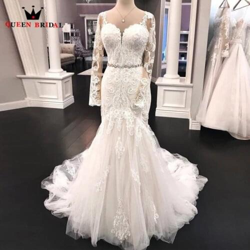 Custom Made Wedding Dress 2021 Mermaid Long Sleeve Lace Crystal Beaded Sexy Formal Bride Dress KW27