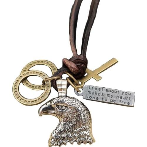 100% Cowhide rope Genuine Antique Necklace Punk Leather Eagle Shark Fish Ocean Bronze Cross Loop Letter Tag Mens Gift AC081-084