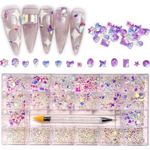 1000Pcs/Box Mixed Glass Crystal Nail Rhinestone With Special Shape Flatback Rhinestone for Nail Art 3D Decorations With 1Pcs Pen