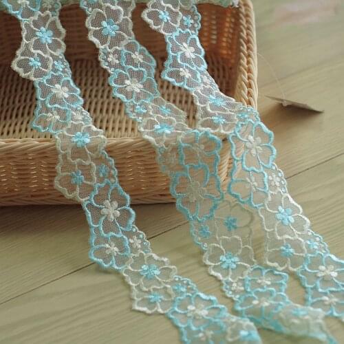 2yards/lot 4.5cm wide Embroidered Flower Floral Tulle Lace Trim~ blue~beautiful