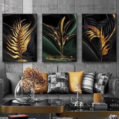 5d Diamond painting Triptych 3 pieces diamond embroidery Abstract Black Golden leaves bathroom living room decoration A340