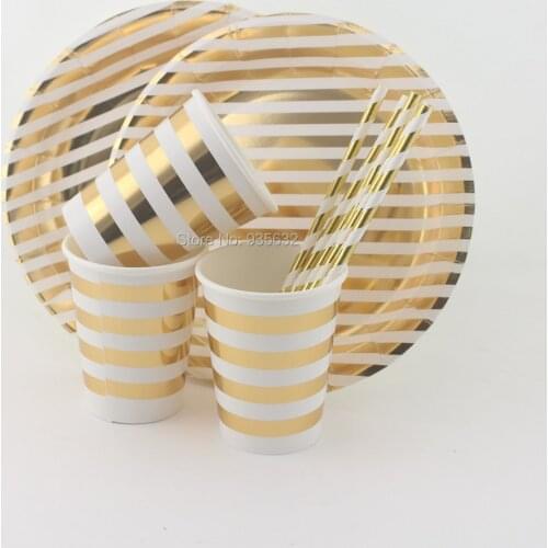 73pcs/lot Metallic Foil Gold Striped Luxurious Party Tableware Set Paper Plates Paper Cups Paper Straws