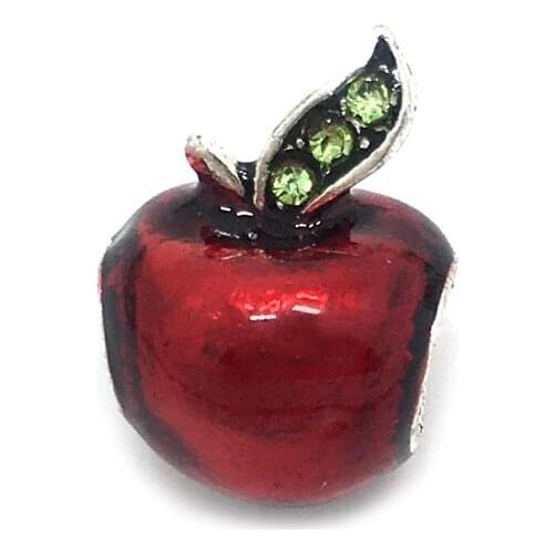 Free Shipping New 20pcs 14.5x10x10mm Red Apple Shape Green Rhinestone Beads Fit European Bracelet DIY