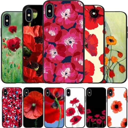 Red Poppies flowers pattern black Silicone Phone Case For iPhone 12 XR XS Max 5 5S SE 2020 6 6S 7 8 PLUS X 11Pro Max 11 Cover