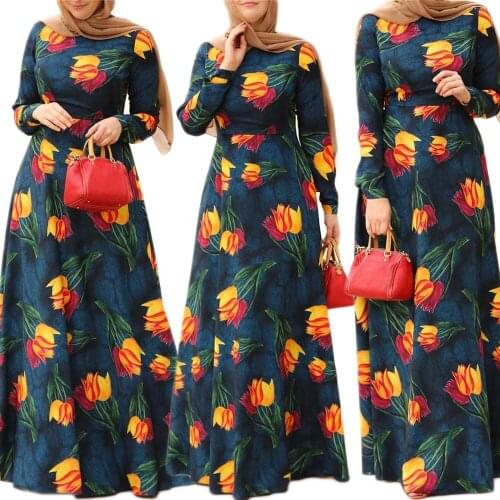 Turkish Muslim Dubai Floral Print Long Dress Ethnic Vintage Abaya Middle East Ramadan Islamic Arabic Kaftan Maxi Robe Fashion