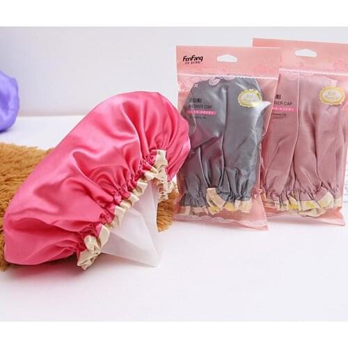 Double Layer Satin Waterproof Household Thickened Womens Oil-Proof Shampoo Cap Shower Cap