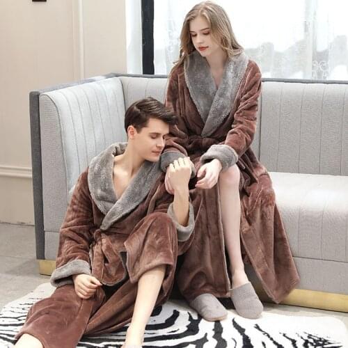 Lovers Winter Extra Long Flannel Bathrobe Kimono Warm Coral Fleece Bath Robe Night Fur Robes Dressing Gown Men&Women Sleepwear