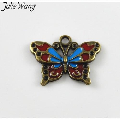 Julie Wang 10pcs Antique Bronze With Stunning Blue+Red Enamel Alloy Base Butterfly Shape Pendant Charms DIY Jewelry