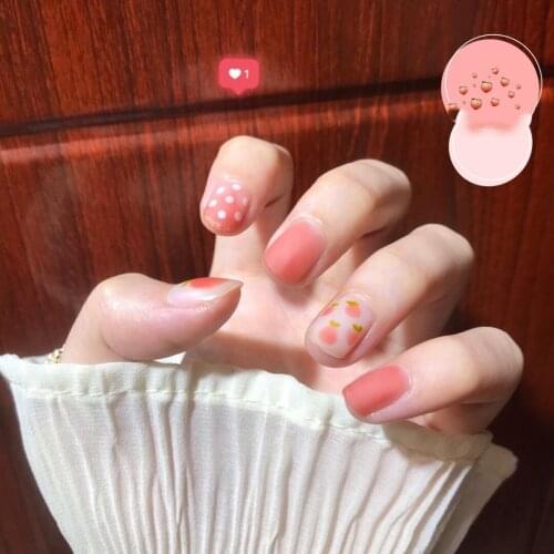 Summer peach cartoon pattern fake nails Japanese short size false nails 24pcs with glue french bride full nail tips Nail art