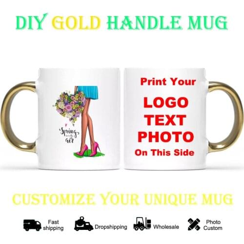 Cartoon Personalized Mug Flowers girl Custom cup Print logo Made Gold handle Coffee Mugs Cups Gift for Family DIY KTDZ-RW-002-JB